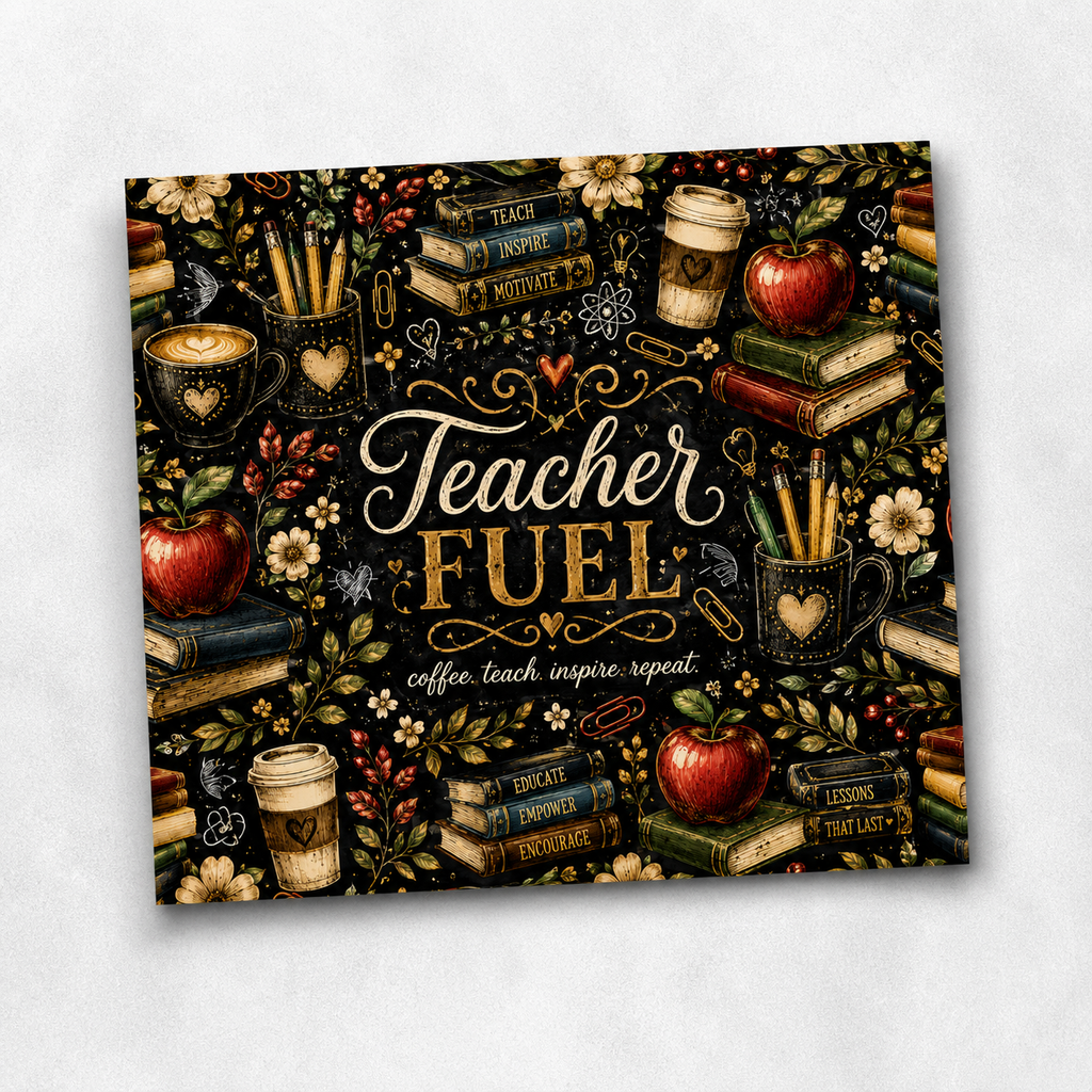 Teacher Fuel 20oz Skinny Tumbler Wrap PNG | Coffee Teach Inspire Sublimation Design
