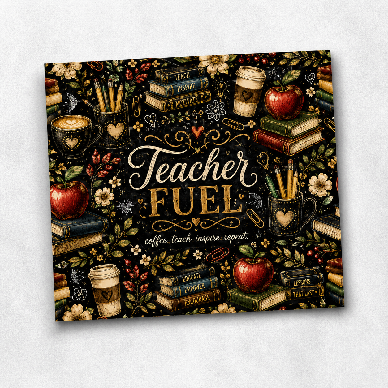 Teacher Fuel 20oz Skinny Tumbler Wrap PNG | Coffee Teach Inspire Sublimation Design
