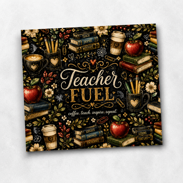 Teacher Fuel 20oz Skinny Tumbler Wrap PNG | Coffee Teach Inspire Sublimation Design