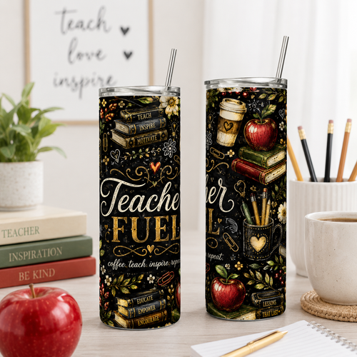 Teacher Fuel 20oz Skinny Tumbler Wrap PNG | Coffee Teach Inspire Sublimation Design