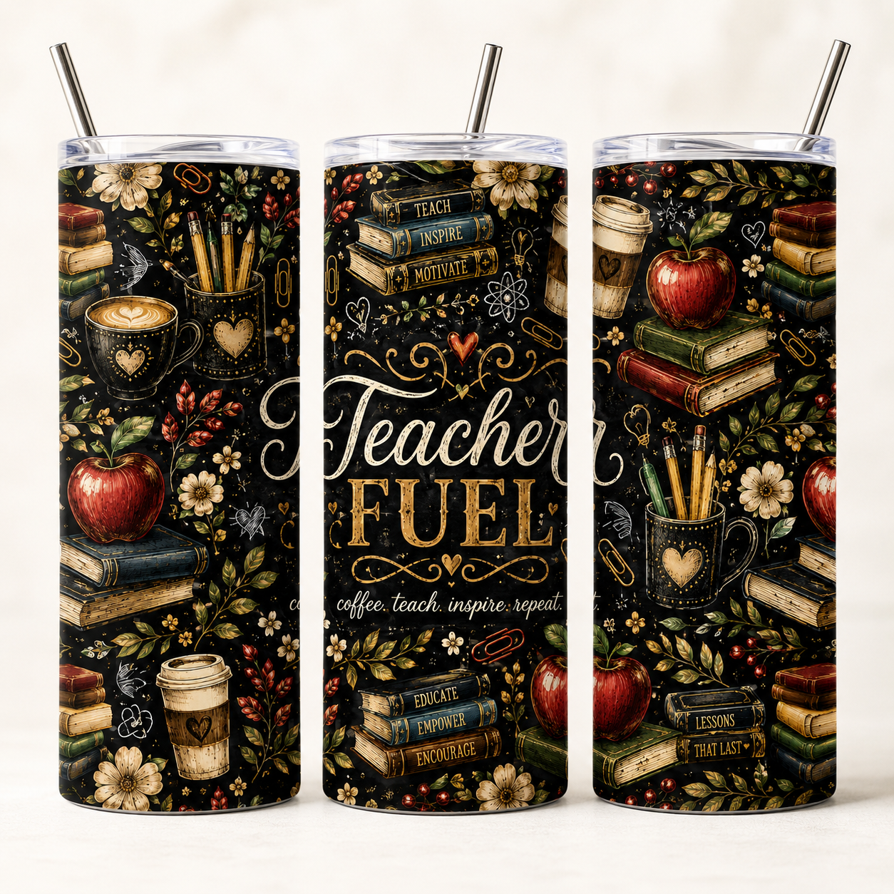 Teacher Fuel 20oz Skinny Tumbler Wrap PNG | Coffee Teach Inspire Sublimation Design