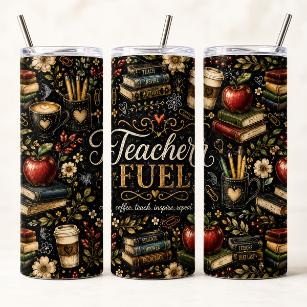 Teacher Fuel 20oz Skinny Tumbler Wrap PNG | Coffee Teach Inspire Sublimation Design
