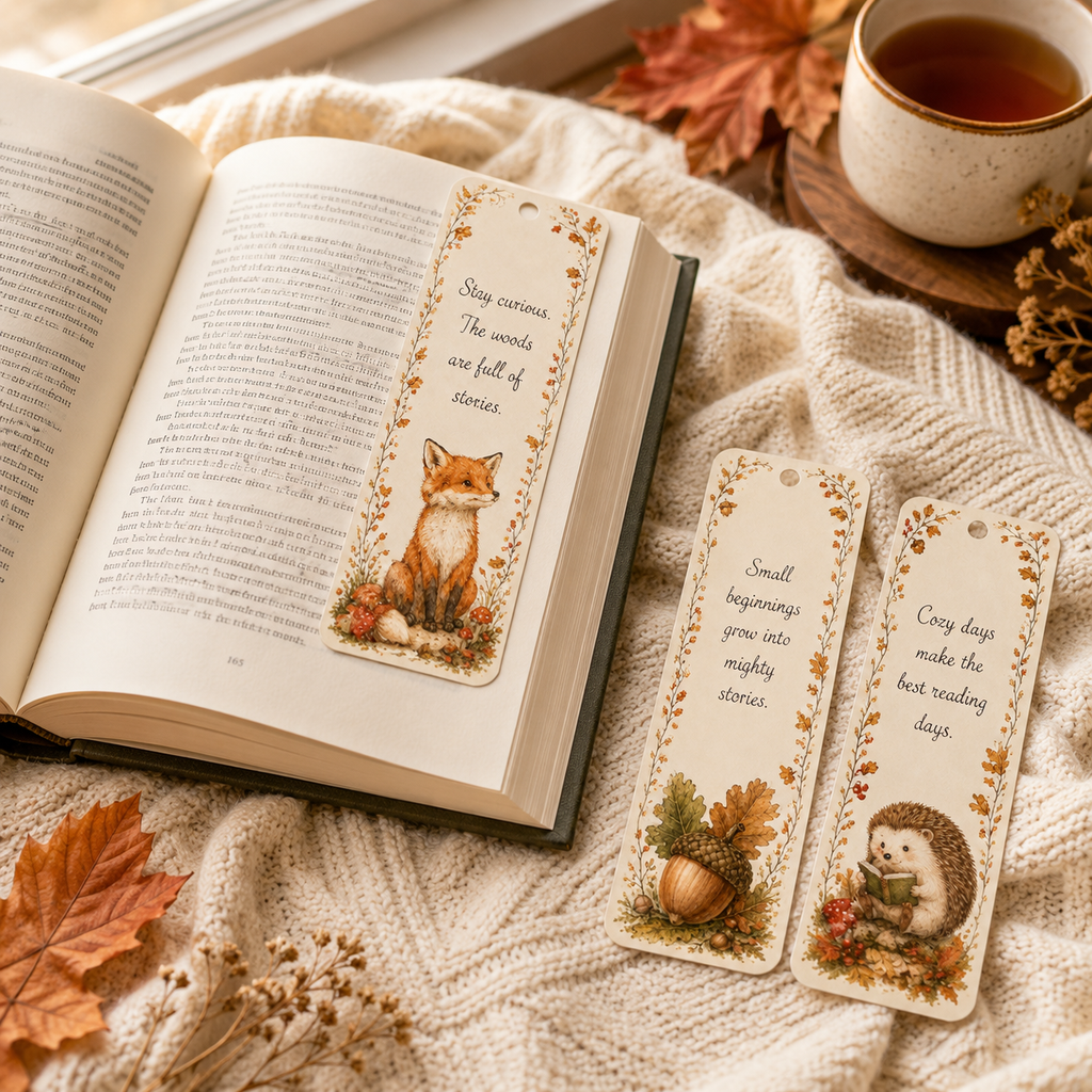 12 Printable Autumn Woodland Bookmarks, Fall Book Lover PDF Set