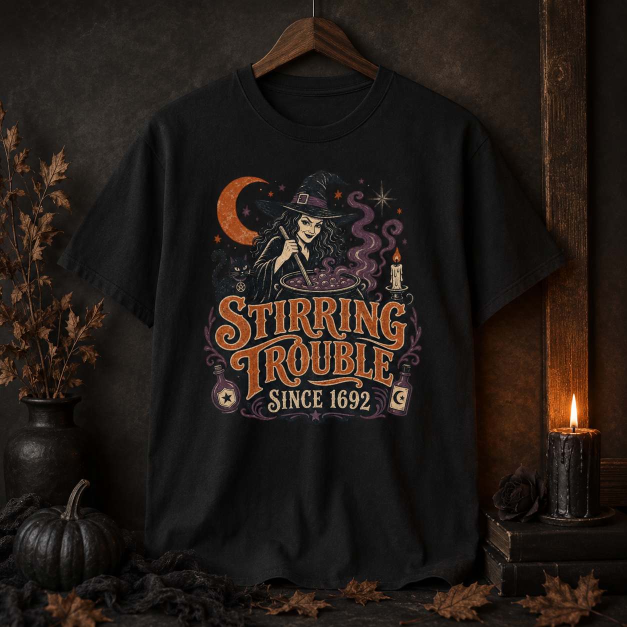 Stirring Trouble Since 1692 PNG – Vintage Witch Halloween Shirt Design – Sublimation DTF Digital Download