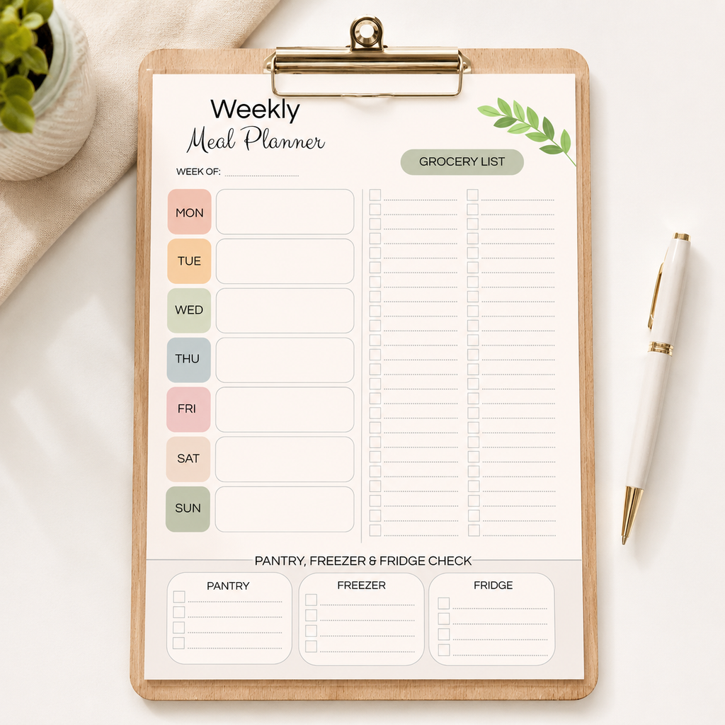 Weekly Meal Planner Printable with Large Grocery List – A4 & US Letter PDF