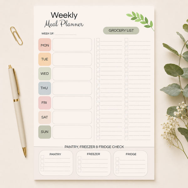Weekly Meal Planner Printable with Large Grocery List – A4 & US Letter PDF