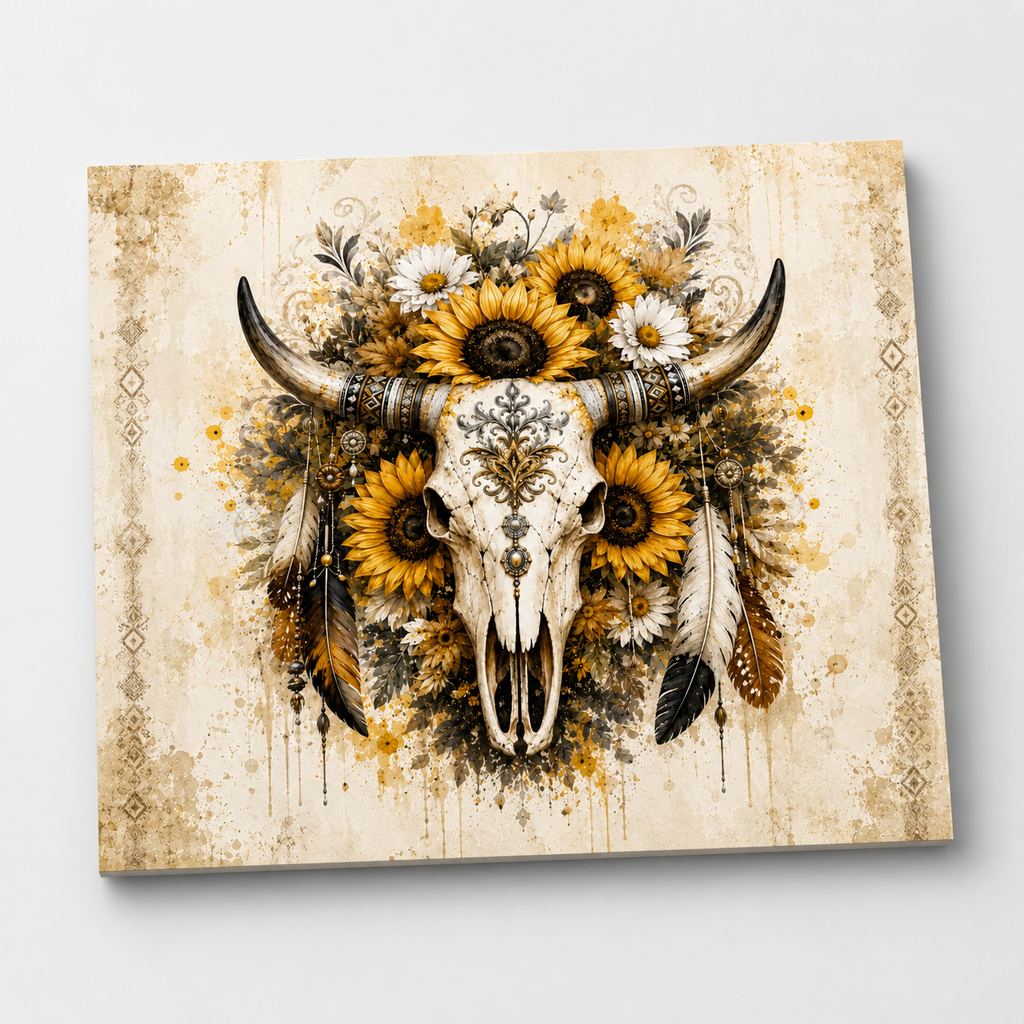 Boho Western Skull Tumbler Wrap PNG | Sunflower Cow Skull 20oz Design
