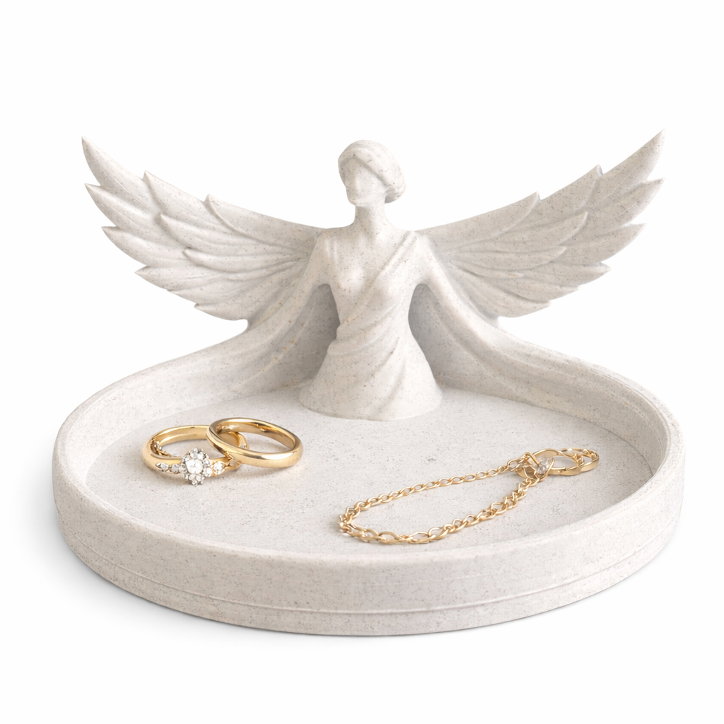 Winged angel jewelry dish 3D printed in marble PLA with rings